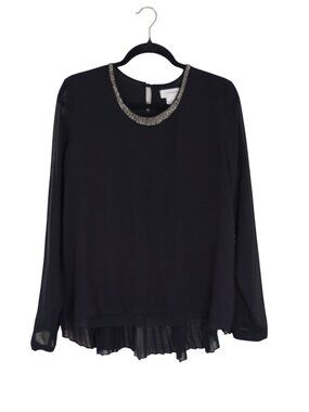 Carmen Marc Valvo Black Beaded Neckline Blouse Pleated Back Hem Womens Large